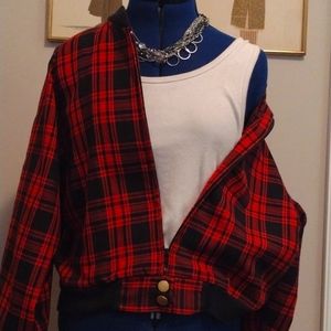 RED SPRING PLAID BOMBER JACKET with Brass Button Pocket Back